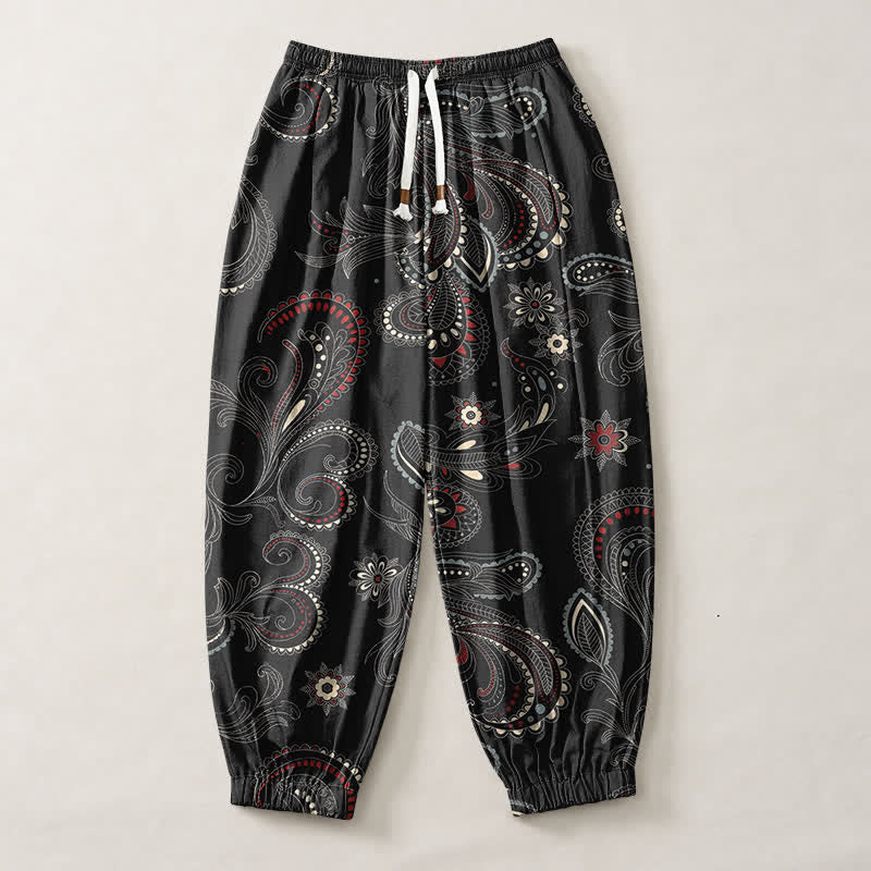 Buddha Stones Pantalones harem para hombre de algodón puro con estampado étnico floral paisley, cordón ajustable y bolsillos. - image 13
