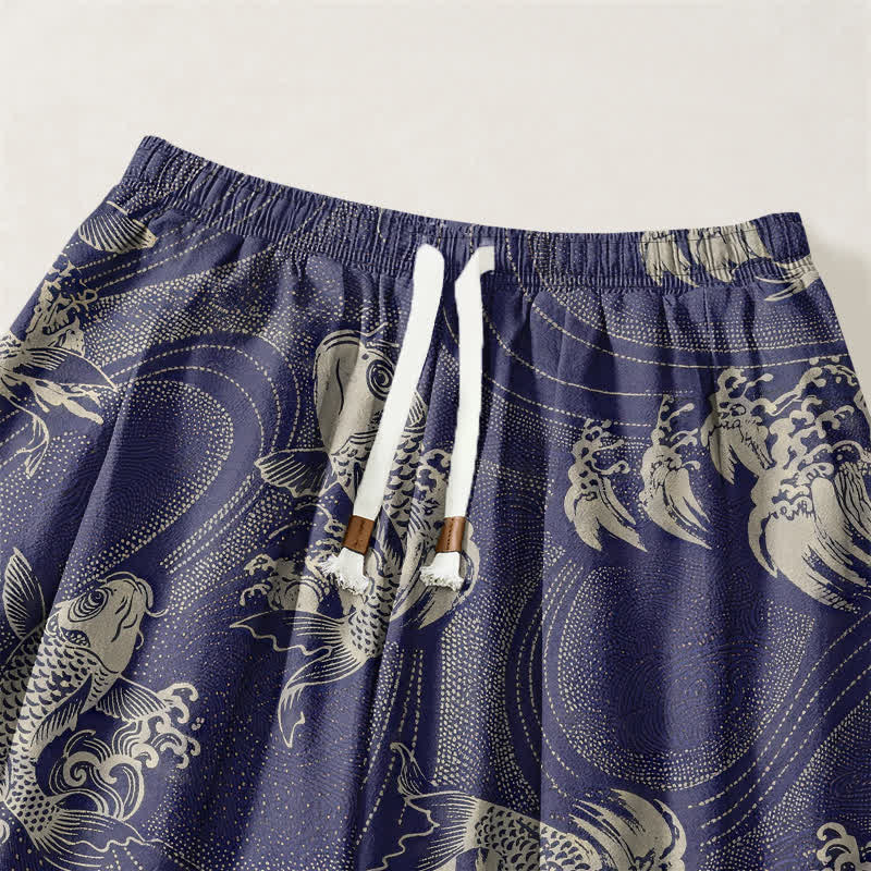 Buddha Stones Pantalones harem para hombre de algodón puro con estampado de carpas y cordón ajustable, con bolsillos. - image 3