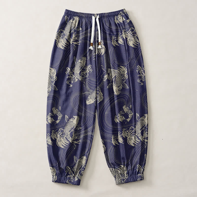 Buddha Stones Pantalones harem para hombre de algodón puro con estampado de carpas y cordón ajustable, con bolsillos. - image 1