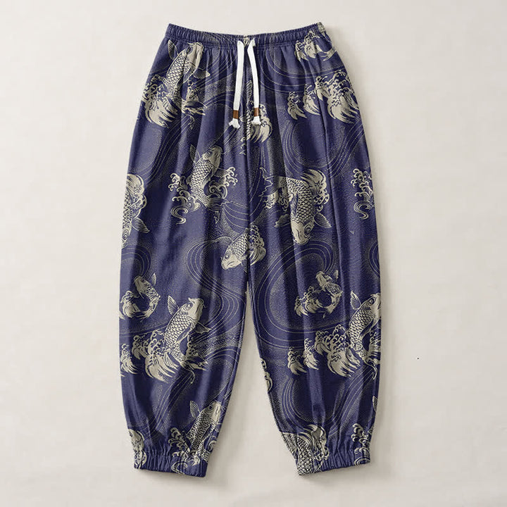 Buddha Stones Pantalones harem para hombre de algodón puro con estampado de carpas y cordón ajustable, con bolsillos. - image 1
