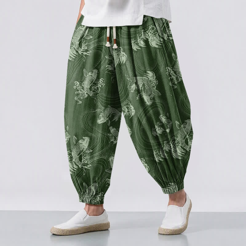 Buddha Stones Pantalones harem para hombre de algodón puro con estampado de carpas y cordón ajustable, con bolsillos. - Verde oliva - US/UK/AU50, EU60 (5XL) - image 6