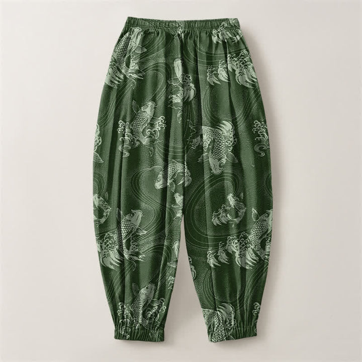Buddha Stones Pantalones harem para hombre de algodón puro con estampado de carpas y cordón ajustable, con bolsillos. - image 8