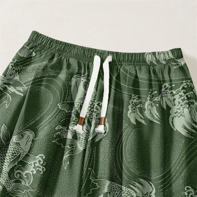 Buddha Stones Pantalones harem para hombre de algodón puro con estampado de carpas y cordón ajustable, con bolsillos. - image 9