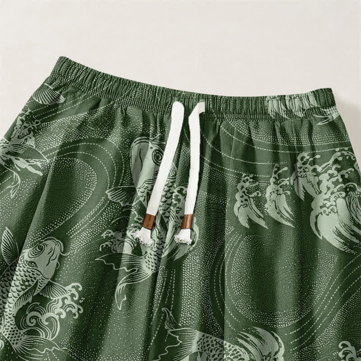 Buddha Stones Pantalones harem para hombre de algodón puro con estampado de carpas y cordón ajustable, con bolsillos. - image 9