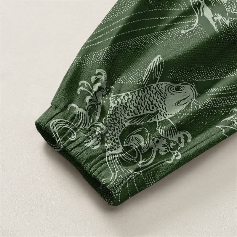 Buddha Stones Pantalones harem para hombre de algodón puro con estampado de carpas y cordón ajustable, con bolsillos. - image 10