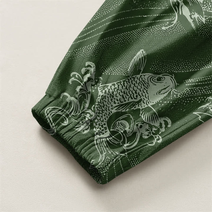 Buddha Stones Pantalones harem para hombre de algodón puro con estampado de carpas y cordón ajustable, con bolsillos. - image 10