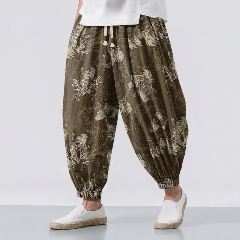 Buddha Stones Pantalones harem para hombre de algodón puro con estampado de carpas y cordón ajustable, con bolsillos. - Marrón silla de montar - US/UK/AU50, EU60 (5XL) - image 12