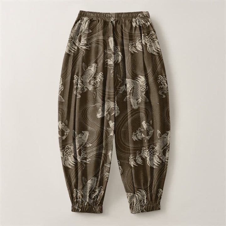 Buddha Stones Pantalones harem para hombre de algodón puro con estampado de carpas y cordón ajustable, con bolsillos. - image 14