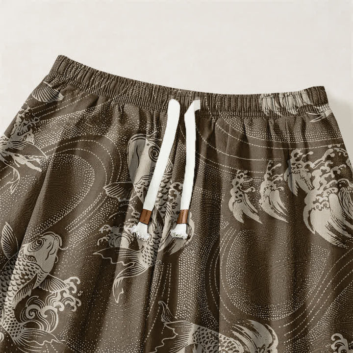 Buddha Stones Pantalones harem para hombre de algodón puro con estampado de carpas y cordón ajustable, con bolsillos. - image 15