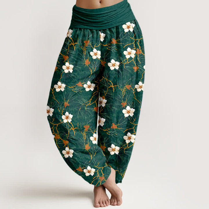 Buddha Stones Pantalones harem de mujer con cintura elástica y estampado floral en algodón blanco. - Verdemar - US16，UK/AU20，EU48 (3XL) - image 0
