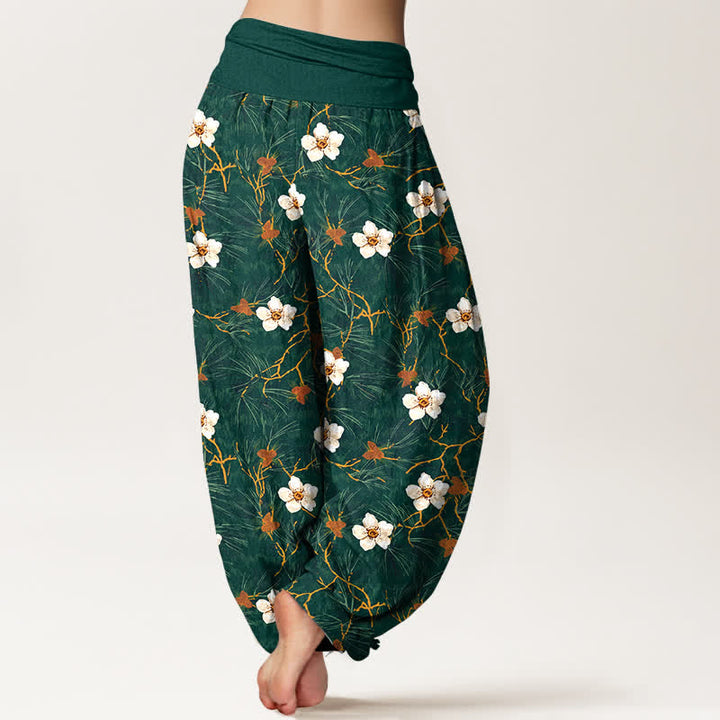 Buddha Stones Pantalones harem de mujer con cintura elástica y estampado floral en algodón blanco. - image 2