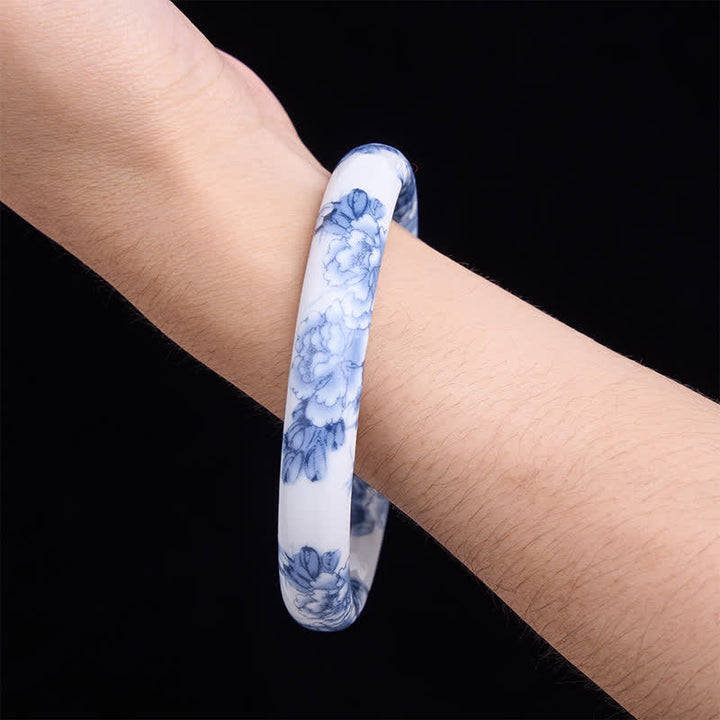 Buddha Stones Pulsera rígida de cerámica con diseño floral de peonía azul - image 4