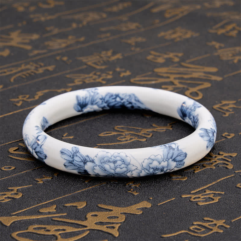 Buddha Stones Pulsera rígida de cerámica con diseño floral de peonía azul - image 3