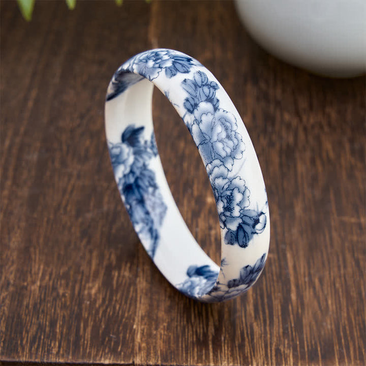 Buddha Stones Pulsera rígida de cerámica con diseño floral de peonía azul - image 8