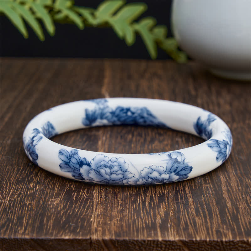 Buddha Stones Pulsera rígida de cerámica con diseño floral de peonía azul - Redondo - image 0