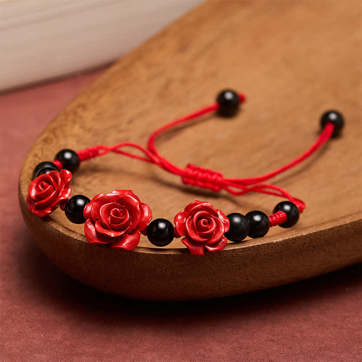 Buddha Stones Pulsera de concentración de rosa cinabrio, ónix negro y hilo rojo - Hilo rojo (Protección ♥ Suerte) - image 0