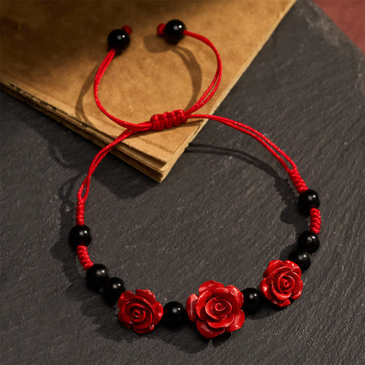 Buddha Stones Pulsera de concentración de rosa cinabrio, ónix negro y hilo rojo - image 3