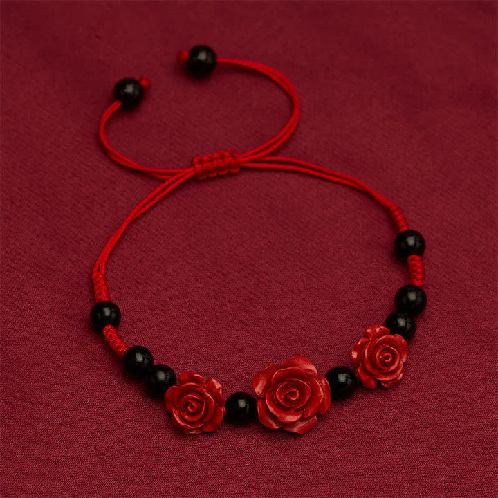 Buddha Stones Pulsera de concentración de rosa cinabrio, ónix negro y hilo rojo - image 1