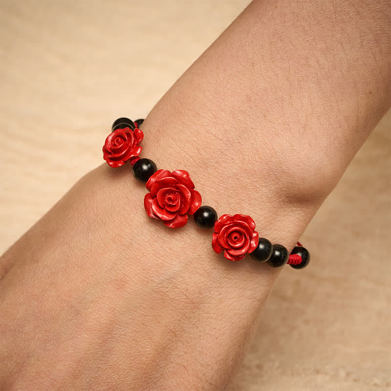Buddha Stones Pulsera de concentración de rosa cinabrio, ónix negro y hilo rojo - image 5