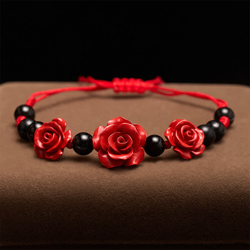 Buddha Stones Pulsera de concentración de rosa cinabrio, ónix negro y hilo rojo - image 2