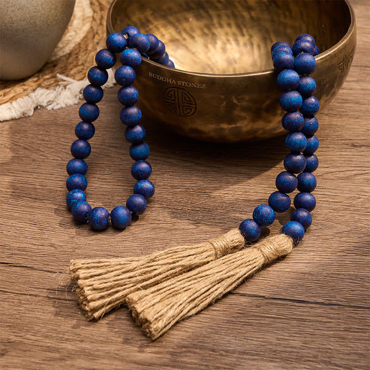 Buddha Stones Guirnalda de borlas de cuentas de madera rústica azul, decoración para un hogar consciente - image 3