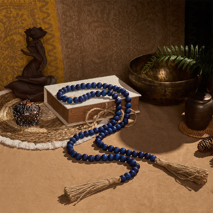Buddha Stones Guirnalda de borlas de cuentas de madera rústica azul, decoración para un hogar consciente - image 2
