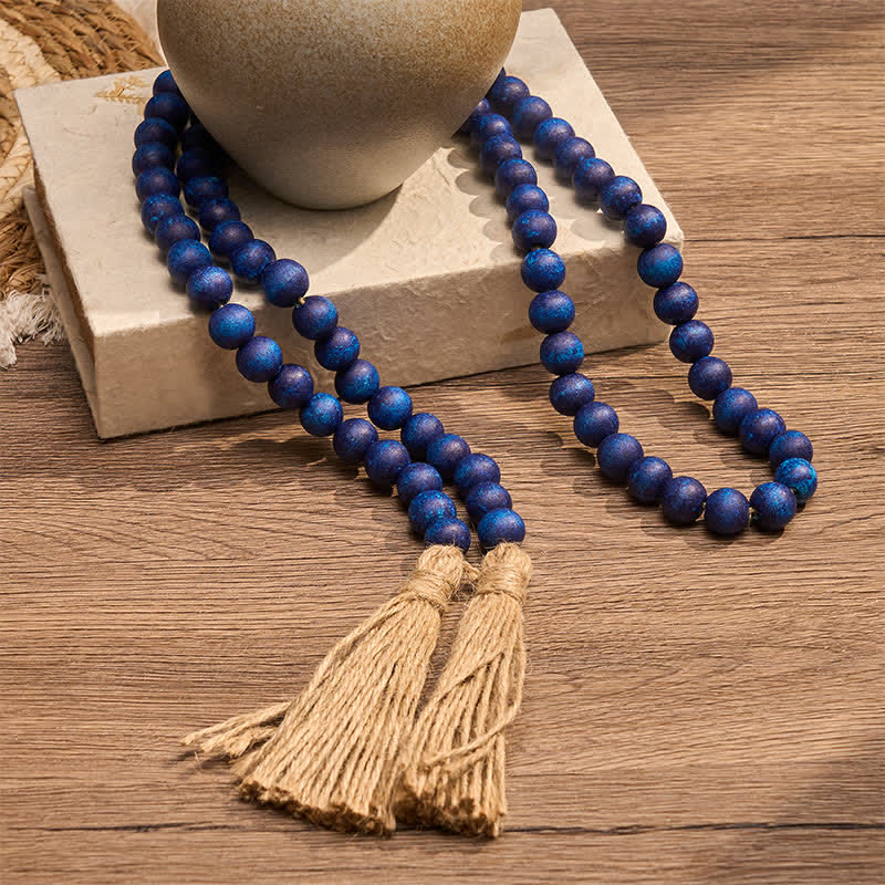 Buddha Stones Guirnalda de borlas de cuentas de madera rústica azul, decoración para un hogar consciente - image 5
