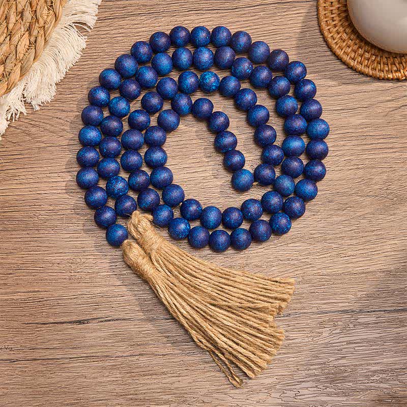 Buddha Stones Guirnalda de borlas de cuentas de madera rústica azul, decoración para un hogar consciente - Madera - image 0