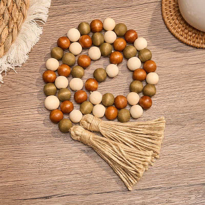 Buddha Stones Guirnalda de borlas de cuentas de madera en capas estilo granja, decoración para un hogar consciente - 100 cm - image 0