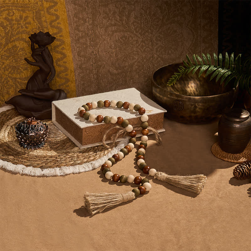 Buddha Stones Guirnalda de borlas de cuentas de madera en capas estilo granja, decoración para un hogar consciente - image 1