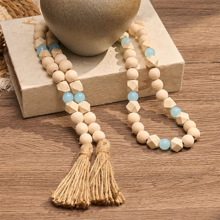 Buddha Stones Adorno colgante de doble borla con cuentas de madera facetadas para un estilo de vida consciente. - image 1