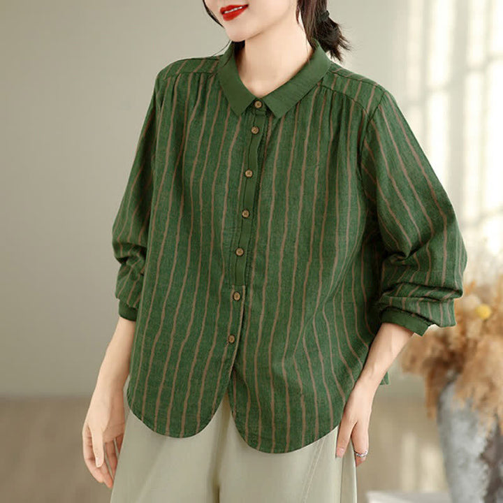 Buddha Stones Camisas de manga larga a rayas con botones, estilo vintage informal de otoño para mujer. - Verde bosque - US12, UK/AU16, EU44 (3XL) - image 8