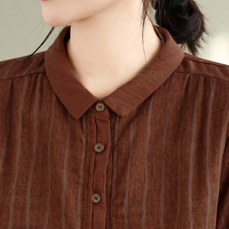 Buddha Stones Camisas de manga larga a rayas con botones, estilo vintage informal de otoño para mujer. - image 3