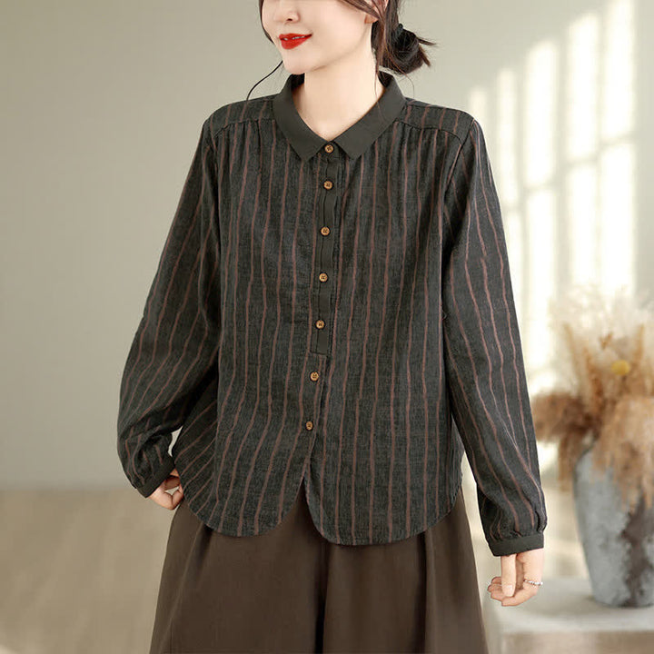 Buddha Stones Camisas de manga larga a rayas con botones, estilo vintage informal de otoño para mujer. - image 15
