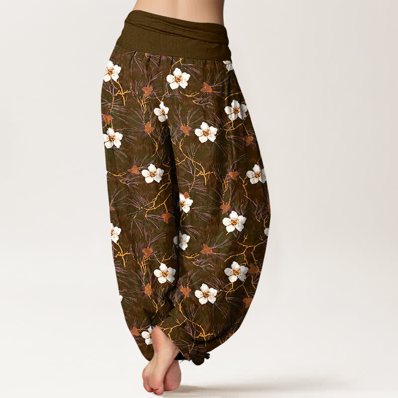 Buddha Stones Pantalones harem de mujer con cintura elástica y estampado floral en algodón blanco. - image 10