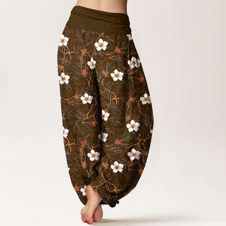 Buddha Stones Pantalones harem de mujer con cintura elástica y estampado floral en algodón blanco. - image 10