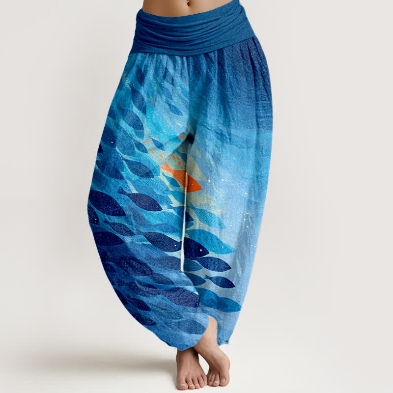 Buddha Stones Pantalones harem de algodón con estampado de peces marinos y cintura elástica para mujer. - DodgerBlue - US16，UK/AU20，EU48 (3XL) - image 0