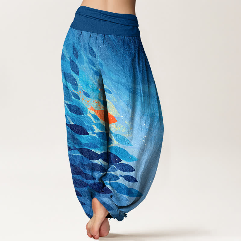 Buddha Stones Pantalones harem de algodón con estampado de peces marinos y cintura elástica para mujer. - image 2