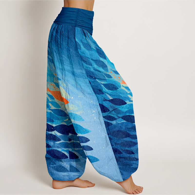 Buddha Stones Pantalones harem de algodón con estampado de peces marinos y cintura elástica para mujer. - image 1