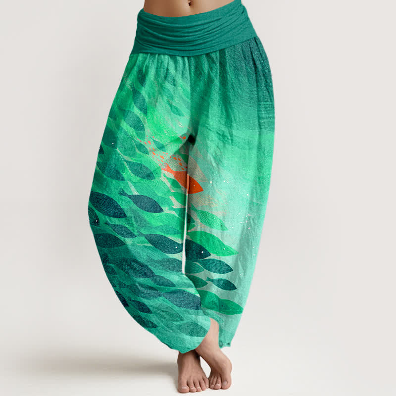 Buddha Stones Pantalones harem de algodón con estampado de peces marinos y cintura elástica para mujer. - Turquesa - US16，UK/AU20，EU48 (3XL) - image 5