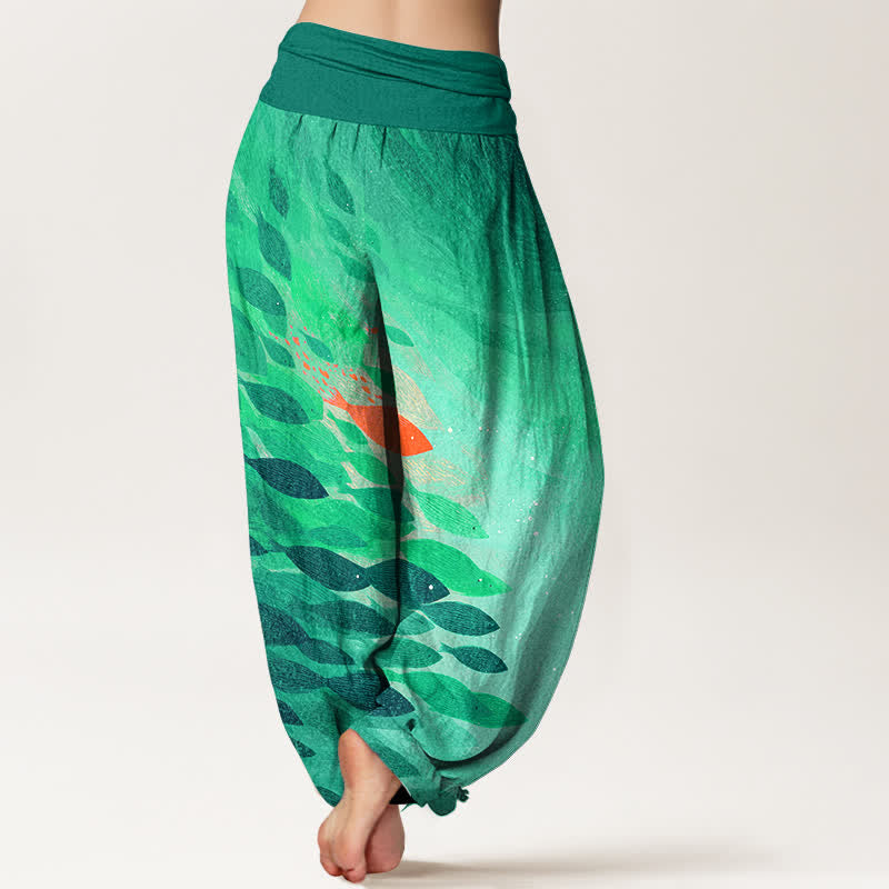 Buddha Stones Pantalones harem de algodón con estampado de peces marinos y cintura elástica para mujer. - image 7