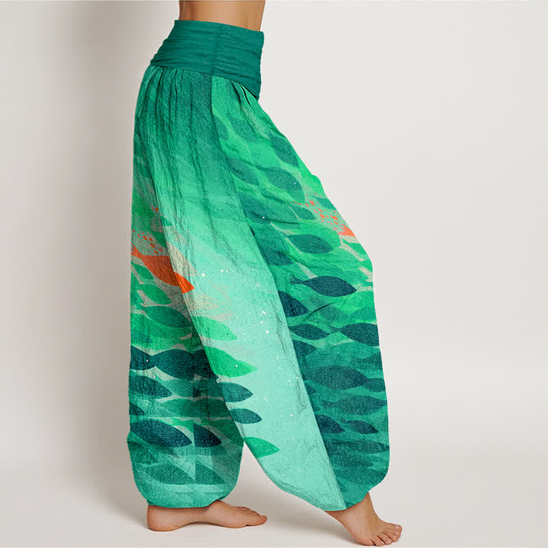 Buddha Stones Pantalones harem de algodón con estampado de peces marinos y cintura elástica para mujer. - image 6