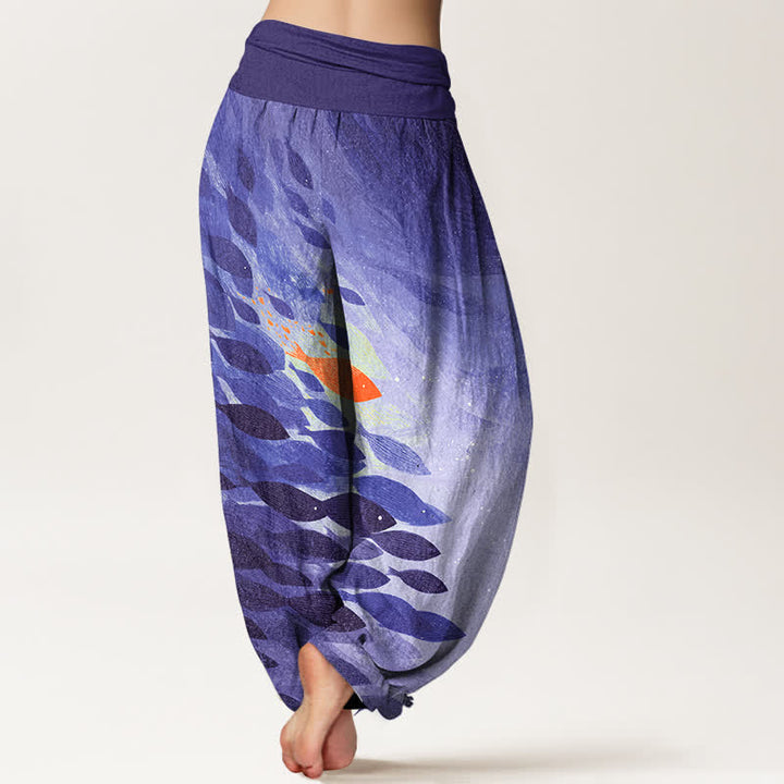 Buddha Stones Pantalones harem de algodón con estampado de peces marinos y cintura elástica para mujer. - image 10