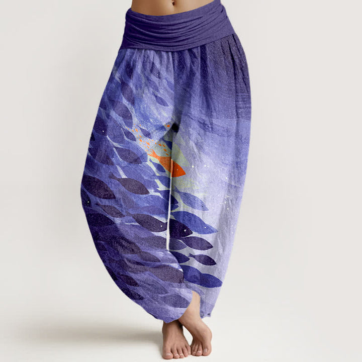 Buddha Stones Pantalones harem de algodón con estampado de peces marinos y cintura elástica para mujer. - Azul pizarra - US16，UK/AU20，EU48 (3XL) - image 8