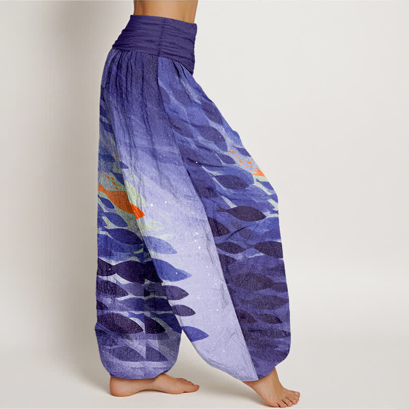 Buddha Stones Pantalones harem de algodón con estampado de peces marinos y cintura elástica para mujer. - image 9