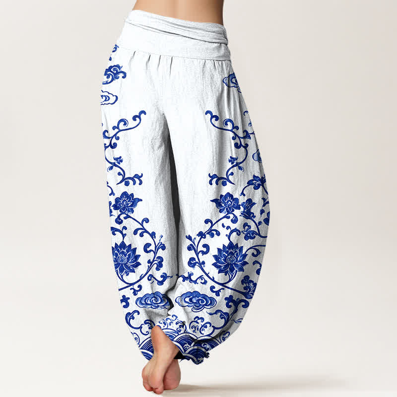 Buddha Stones Pantalones harem de algodón con estampado de volutas de loto para mujer con cintura elástica. - image 2