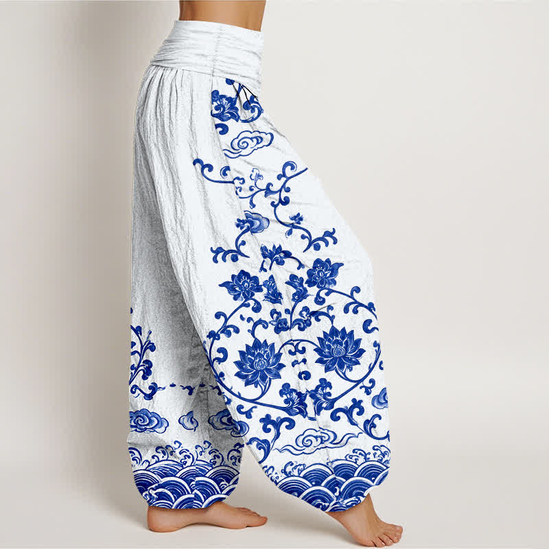 Buddha Stones Pantalones harem de algodón con estampado de volutas de loto para mujer con cintura elástica. - image 1
