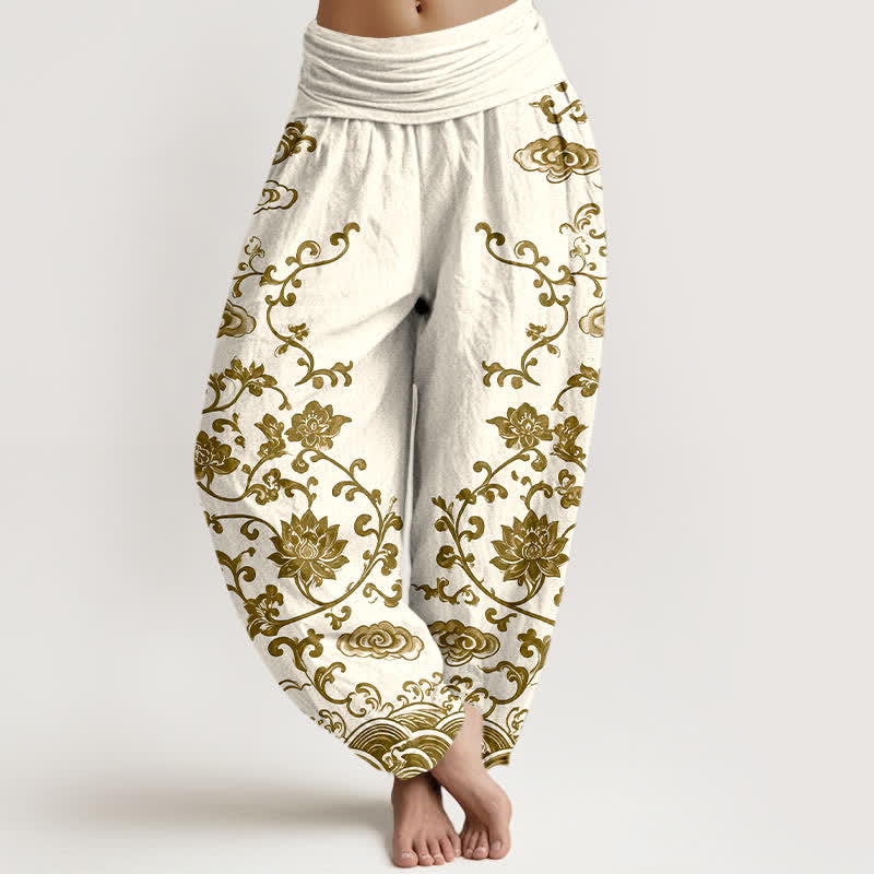 Buddha Stones Pantalones harem de algodón con estampado de volutas de loto para mujer con cintura elástica. - Beige - US16，UK/AU20，EU48 (3XL) - image 5