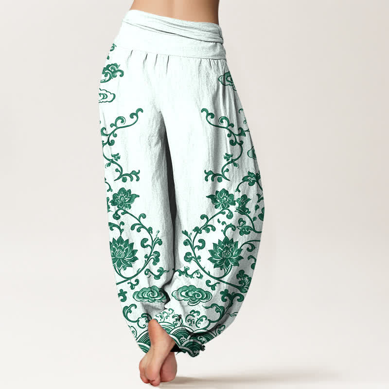 Buddha Stones Pantalones harem de algodón con estampado de volutas de loto para mujer con cintura elástica. - image 10