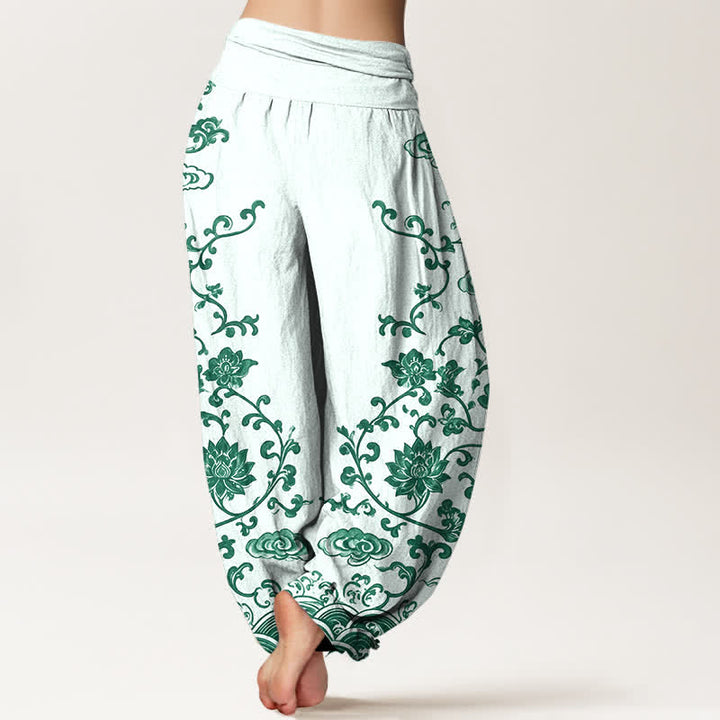 Buddha Stones Pantalones harem de algodón con estampado de volutas de loto para mujer con cintura elástica. - image 10